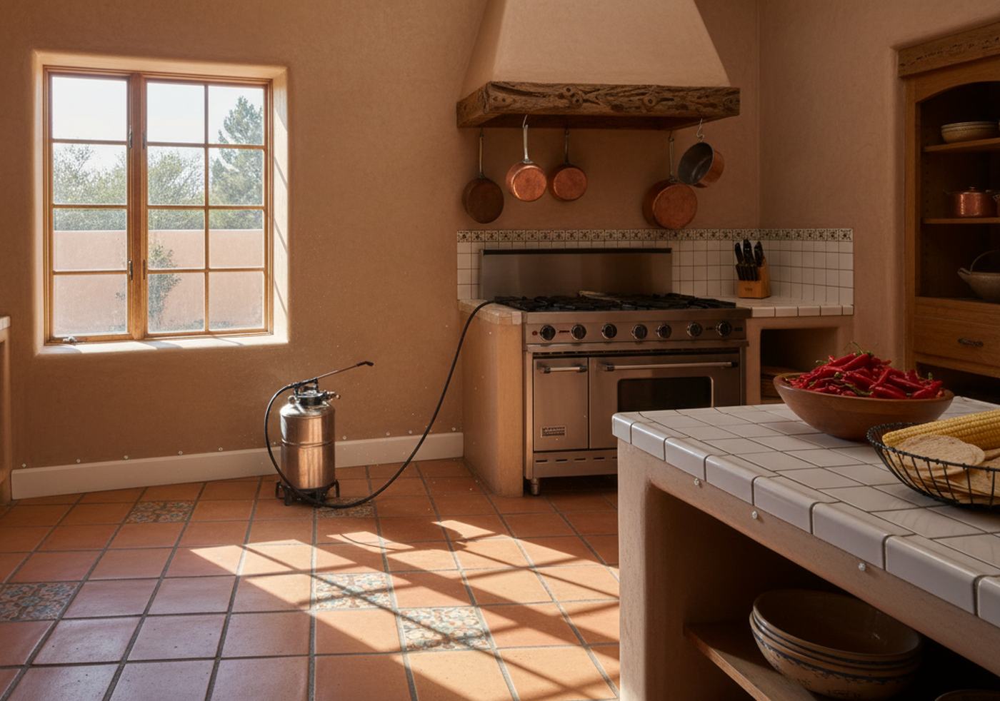 Pest control treatment in progress in an Albuquerque kitchen: sprayer at the baseboard and gel bait along the counter seam