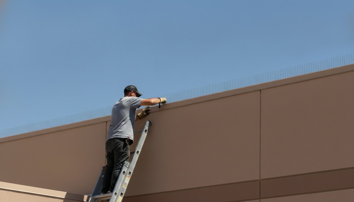Installer on a ladder fitting stainless bird spikes along the parapet edge of a tan stucco commercial building